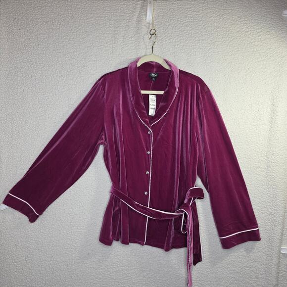 INC NWT XL Pink Velvet w White trim Shawl W belt Top Buttondown Relaxing Lounge - Picture 1 of 14